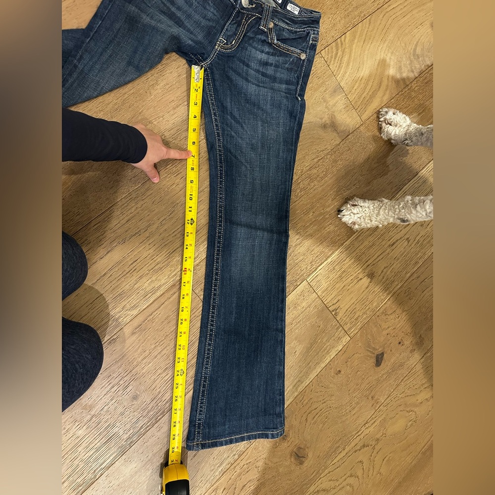 Miss Me Dark Blue Boot Cut Jeans with Brown & Cream Pocket Appliqué - Picture 7 of 8